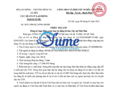 Hợp Đồng Cung Ứng Lao Động Đi Làm Việc Tại Nhật Bản Số 2025-1096